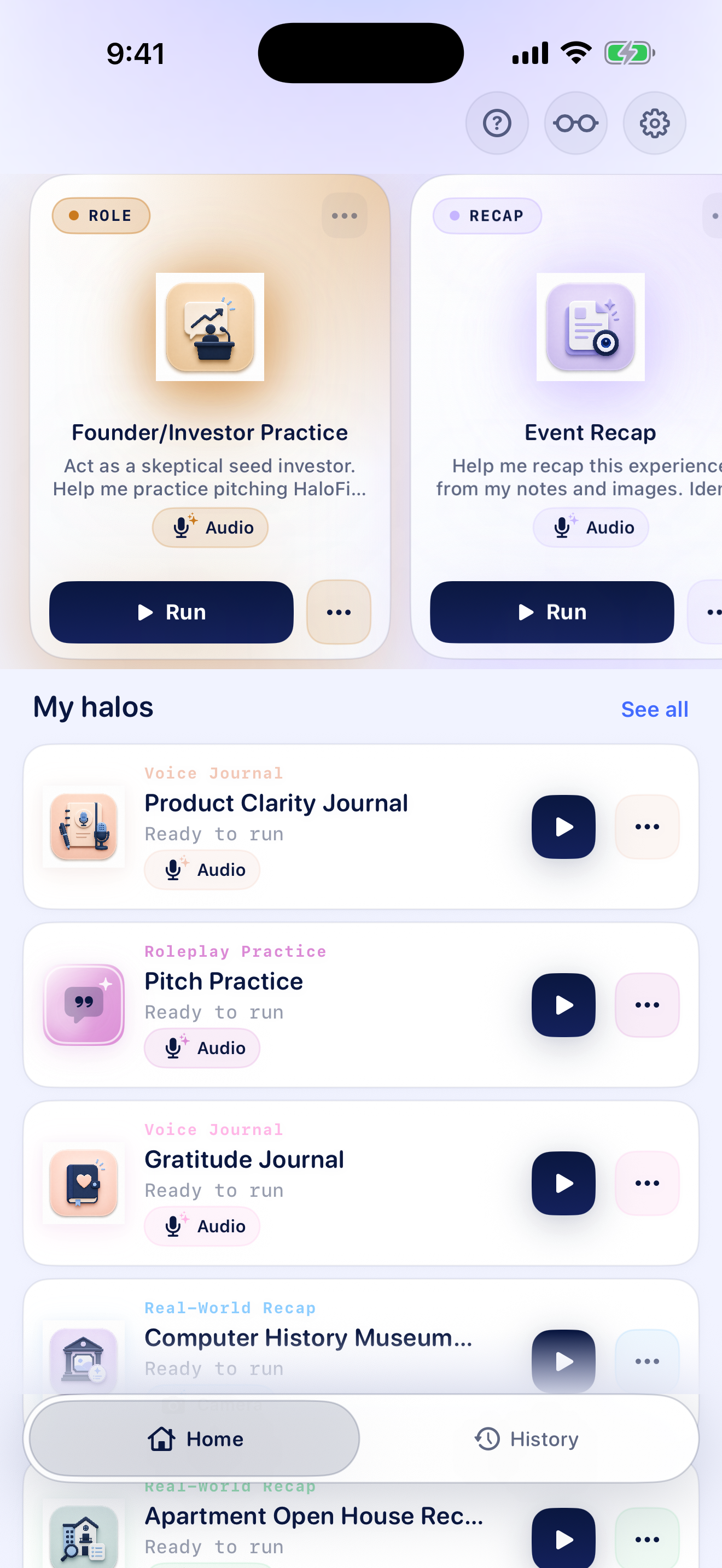 HaloField prototype home screen with multiple halos